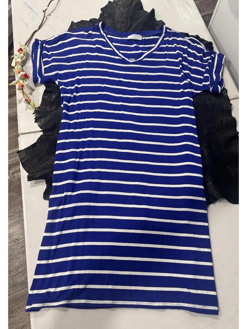 Zenana Short Roll-Sleeve V-Neck Mini Shirt Dress –White  & Blue Stripe Size L
